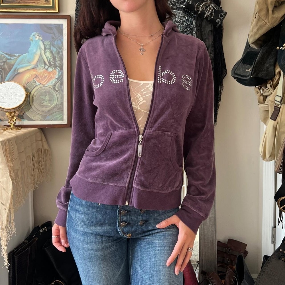 Y2k Purple BEBE Crushed Velvet Zip Up Hoodie Size small
